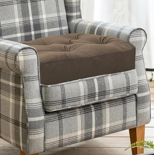 Brown Armchair Booster Cushion Pad | 50x50x10cm Large Faux Suede Firm Seat Cushions | for Office Chair Dining Sofa & Floor Cushion | Soft Cotton Filling for Pregnancy Elderly & Home Comfort