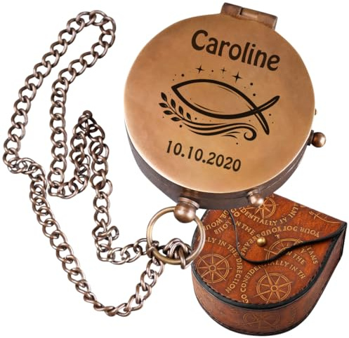 Personalisierter Messingkompass mit Gravur – Geschenk zur Taufe, Kommunion, Konfirmation & Firmung – Christliches Fischmotiv – Erinnerungsgeschenk mit Name & Datum