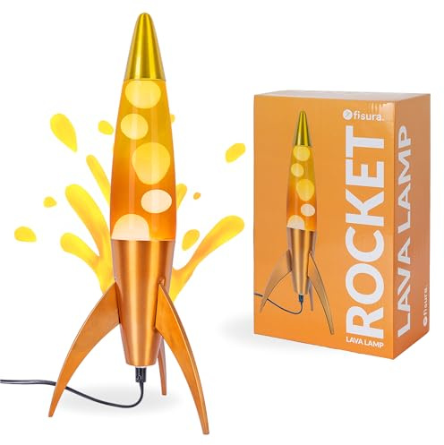 Fisura - Lampada lava arancione “rocket”. Base metallizzata e bottiglia sfumata arancione. Stile rétro con lampadina di ricambio. 20 cm x 20 cm x 45 cm.