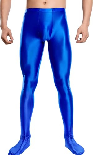 Maeau Men's Glossy Leggings Oil Shiny Pantyhose Stockings Tights Wet Look Pants Nightclub Long Trousers L Blue