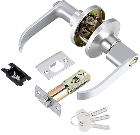 Door Handle Lock with Keys, Door Lock for Interior with Adjustable Latch, Stainless Steel Privacy Locks for Bedroom, Bathroom, Kitchen, Office (Silver)