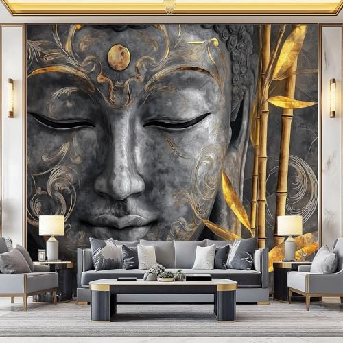 Tradición Bambú Estatua De Buda Papel Pintado Mural 350 X 256 Cm Gris Dorado 3D Panorámico No Tejido – Fotomurales Decorativos Para Salón, Dormitorio Y Oficina – Diseño Moderno Pared Del Hogar