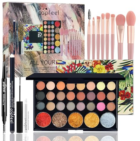 RoseFlower Professional Makeup Set, Essential Make up Starter Set Make-up Gift Sets Makeup Kit with 29 Colors Matte Glitter Eyeshadow Palette Makeup Brush Set Eyebrow Pencil Eyeliner Mascara