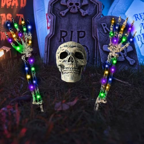 KEELYY 3pcs Halloween Deko Horror Skelett Schädel, Gruselig Totenkopf und Skeletthände Leuchtend Set, Halloween Horror Requisiten für Spukhaus, Rasen, Hofdekoration,Friedhof Bodendekor