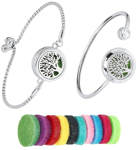 SUNNYCLUE 1 låda 2 set eteriska oljor spridare armband eterisk olja armband armring med 10 st påfyllningsdyna livets träd rostfritt stål aromaterapi medaljong justerbara smycken för kvinnor gåvor