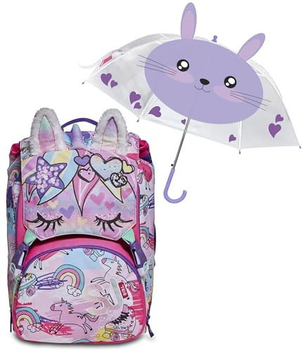 SJ GANG STYLE JAM GANG Zaino Scuola Estensibile ANIMALI FANTASY - Unicorno - Zaino Scuola Elementare Bambina + Ombrello Viola, Fantasia Coniglio