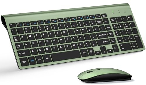 Wireless Keyboard and Mouse Ultra Slim Combo, TopMate 2.4G Silent Compact USB 2400DPI Mouse and Scissor Switch Keyboard Set with Cover, Batteries Included, for PC/Laptop/Windows/Mac - Green Black