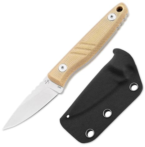 BÖKER PLUS® Five Point Nine - feststehendes Messer kurz 42a konform mit Gürtel-Clip - kleines Fulltang Outdoor Messer mit 5,9 cm Droppoint Klinge - Neck Knife mit Kydex-Scheide & Micarta Griff baun