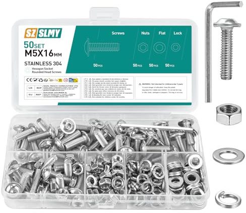 Lot de 50 vis M5 à tête bombée M5 x 16 mm en acier inoxydable avec bride - Vis à tête plate avec bride, filetage complet