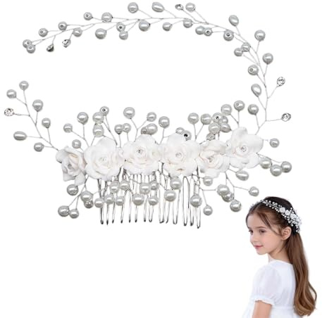 Haarschmuck Hochzeit & Haarschmuck Kommunion Mädchen - Weißer Perlen Kamm passend zum Kommunionkleid Mädchen - Eleganter Haarreif mit Rosen Blüten für Blumenmädchen, Taufe & Konfirmation