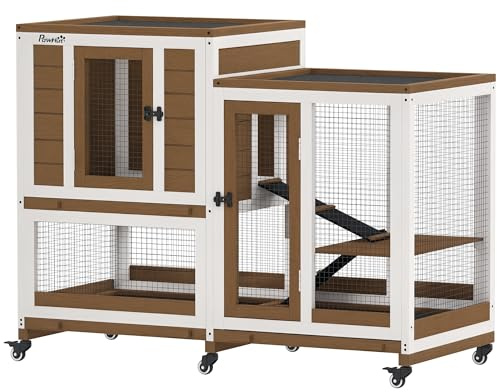 PawHut Conejera de Madera de 2 Niveles 6 Ruedas 110x50x86 cm Marrón | Jaula para Conejos, 2 Escaleras, 3 Bandejas Extraíbles, Puertas con Cerraduras, Zona Abierta, para Interior