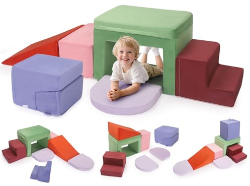 Helangel Blocchi di costruzione in schiuma XXL per bambini, blocchi di schiuma per arrampicata con custodia in pelle, set morbido per arrampicata per bambini da 1 a 3 anni (arcobaleno-misti-7)