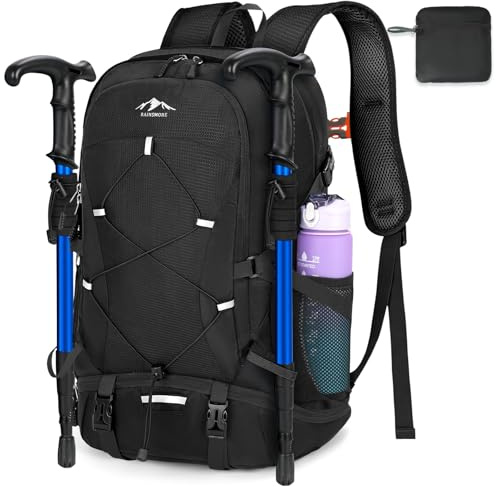 RAINSMORE Zaino Trekking 40 Litri Pieghevole Zaino Montagna Per Uomo Donna Impermeabile Ultraleggero Zaino Da Viaggio Per Arrampicata,Escursionismo Nero