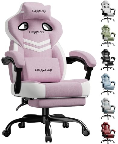 LUCKRACER Gaming Stuhl Stoff, Bürostuhl mit verbundenen Armlehnen, Memory-Schaum-Kissen, 90–155° Neigungswinkel und Fußstütze, strapazierfähigem Funktionsgewebe 150KG Rosa