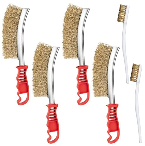 Hbzunt Lot de 6 brosses à barbecue en laiton multi-usages, brosse en laiton avec poignée incurvée en plastique, brosse métallique en laiton pour nettoyer les escargots de soudure et les résidus de