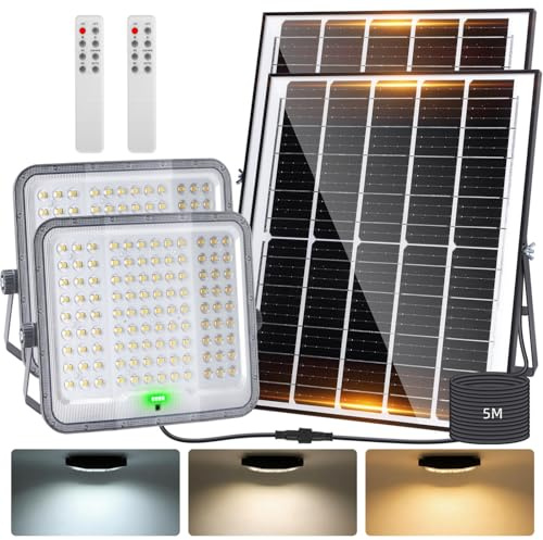 Aigostar Foco proyector LED con gran panel solar，200W，2000lm，Cable de 5m，15000mAH，Batería de gran capacidad.regulable 3000/4000/6500K.Uso interior/exterior IP65:Porches，Jardín，Patio，Piscina，2 Piezas