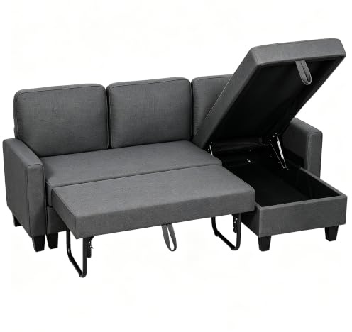 HOMCOM Ecksofa mit Schlaffunktion L-Form Sofa mit Bettkasten Dunkelgrau