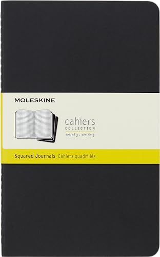 Moleskine Cahier Journal, Set 3 Quaderni a Quadretti, Copertina Morbida con Cucitura a Vista in Cotone, Colore Nero, Formato Large 13 x 21 cm