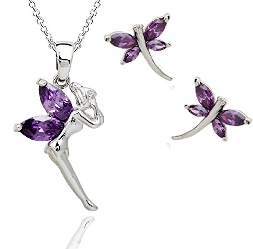 Crystalline Azuria Ensembles Fée Clochette Pendentif Collier Boucles d'Oreilles avec Cristaux de Zircone 18ct Plaqué Or Blanc Parure de Bijoux pour Femme et Fille