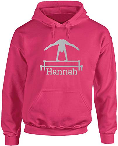 Hippowarehouse (Personalised Name Gymnastics bar Unisex Hoodie Hooded top (Specific Size Guide in Description) Fuchsia Pink