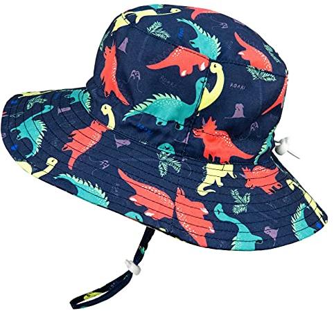 Foruhoo Kinder Sonnenhut, UV Schutz Baumwoll Sonnenhüte für Summer Größenverstellbar mit Kordelzug (50cm, Dino Navy)
