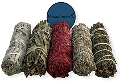 NessaStores 5 pc Smudge Stick Sampler 1 Kit of White Sage, Black Sage, White Sage Dragon's Blood, Blue Sage, & Cedar - 4 Inch Hand Tied, All Natural, Ethically Sourced for Home Cleansing JC-209