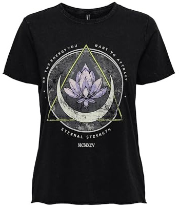 ONLY Onllucy Reg S/S Top Jrs Noos Femme T-shirt, Noir/Imprimé : Lotus, L