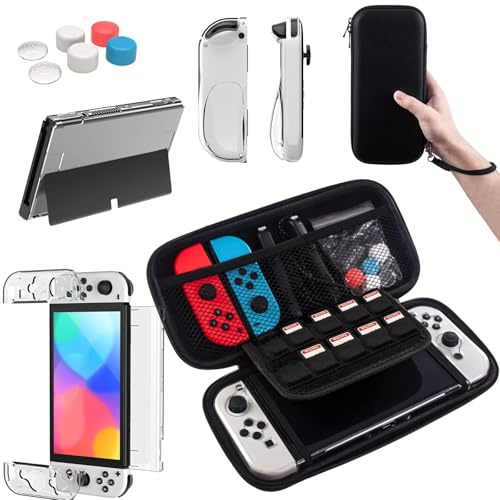 Teyomi® Étui compatible avec Nintendo Switch OLED modèle 2021, Nintendo Switch Bundle avec étui, film de protection, coque transparente pour Nintendo Switch OLED, étui pour poignée Joy-Con