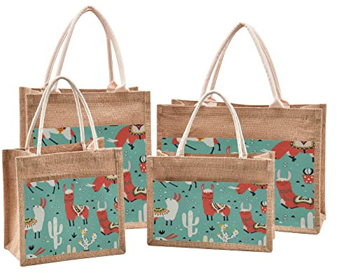 Mnsruu Llamas Cactus Pot Green Plant Jute Tote Bags Women Grocery Shopping Bags with Handles for Outdoor Travel 14.2 x 12.6 x 7.1 inches