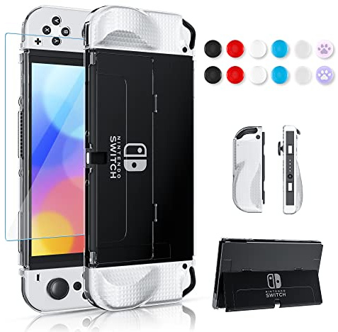 FANPL Kit de coque transparente pour Nintendo Switch OLED, coque pour console Switch OLED et coque en TPU avec motif treillis pour JoyCon, coque avec 1 film protecteur d'écran et 12 capuchons de pouce
