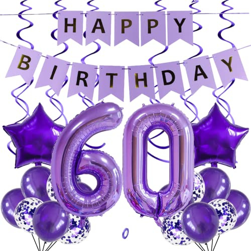 SNOWZAN Luftballons 60. Geburtstag Dekoration Lila 32 Zoll Riesen Zahlen Ballons,Latex Folienballons 25 Stück