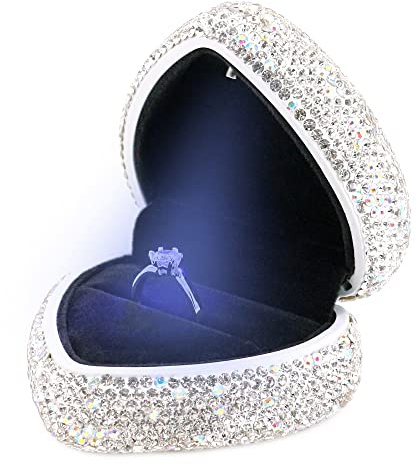 Naimo Full Rhinestone Heart Shaped Ring Box Velvet Holder Jewelry Box Organizer Display Case with LED Light for Proposal Engagement Wedding Birthday Gift