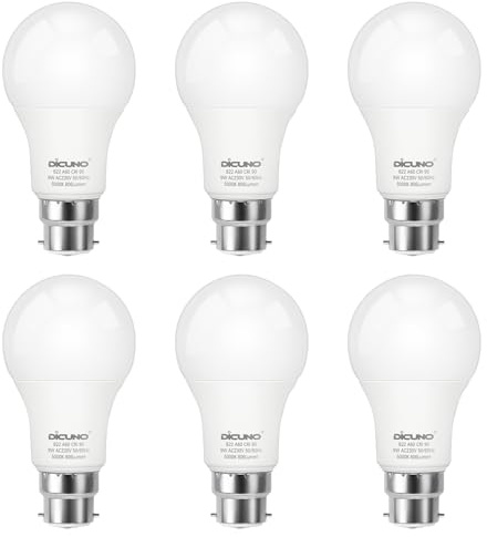 DiCUNO Bayonet Light Bulb, 60W Equivalent, Daylight White 5000K, 9W 806LM B22 LED Bulb, BC A60 Energy Saving Lightbulbs, CRI90, Non-dimmable, 6Pcs