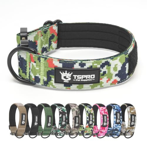 TSPRO Taktisches Hundehalsband mit Metall-Schnellverschluss & Klettfläche | Verstellbar & Schwer, 3,8 cm Breit mit Plaketten & Weicher Polsterung für Mittlere & Große Hunde, Spaziergänge, Camo Grün L