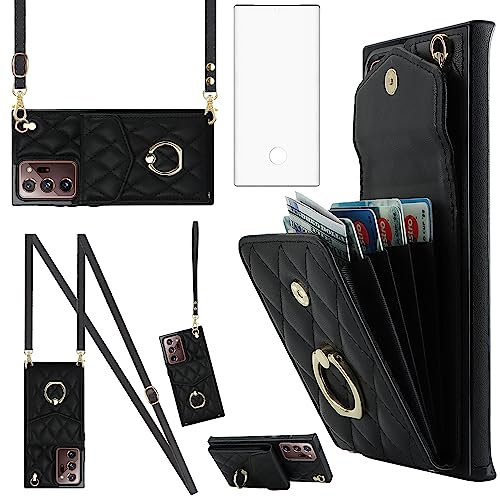 Asuwish Phone Case for Samsung Galaxy Note 20 Ultra 5G Wallet Cover with Screen Protector and Ring RFID Blocking Card Holder Cell Note20 Plus Notes 20Ultra Note20+ U + 20+ Twenty Not S20 Women Black