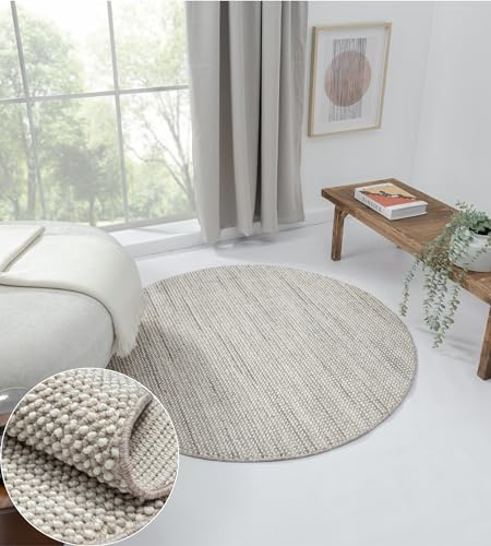 MY-RUG Teppich Rund 120 cm - Moderner Sisal-Look Wohnzimmerteppich Weiß | Flachgewebe aus Polyester & Baumwolle, pflegeleicht, robust, für Saugroboter & Fußbodenheizung geeignet, Ökotex Zertifikat
