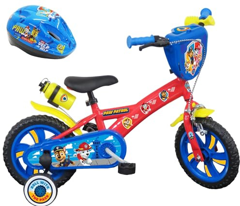 Jungen Paw Patrol Fahrrad 12 Zoll (30,5 cm) mit 1 Bremse, dekorativer Frontplatte, Schutzblech, Gehäuse und Stabilisatoren + Helm inklusive, rot, 12''