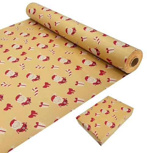 Confezione di Rotoli di Carta da Regalo di Natale, 43cm×20m Kraft Stampata con Babbo Natale, Riciclabile per Confezioni Regalo di Nozze e Compleanno