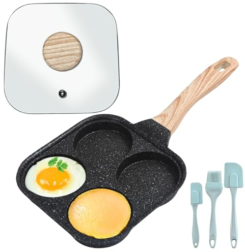 Nizirioo Poêle à œufs au plat anti-adhésive à 4 trous couvercle, pinceau à huile en silicone et 2 spatules, poêle à œufs manche en bois cuisinière à gaz (noire, 37 cm x 19 x 2,7 cm) XPG9874