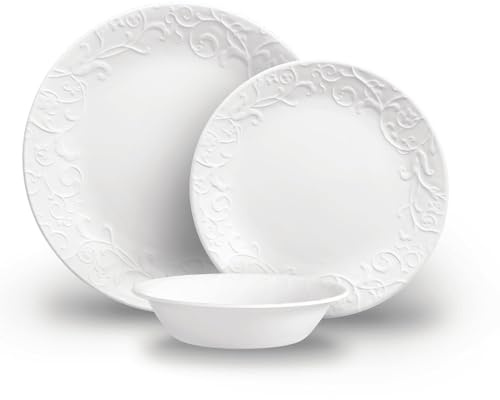Corelle Bella Faenza Vaisselle pour 12 personnes | Vaisselle de qualité supérieure en verre Vitrelle™ triple pressé unique | Passe au four à 175 °C | Passe au micro-ondes | Passe au congélateur et au