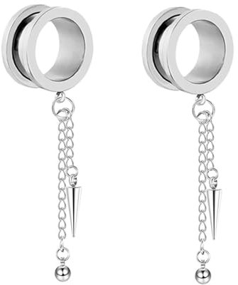 KnBoB 2 Stück Ohr Flesh Tunnel 25MM Edelstahl Rund mit Kette und Taper Anhänger Ear Tunnel Piercing Herren und Damen