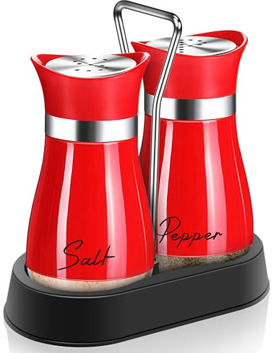 Juego de salero y pimentero rojo con soporte, 4 onzas, bonita decoración navideña y accesorios, juego temático esencial para el hogar, regalos de inauguración de la casa, diseño recargable (rojo)