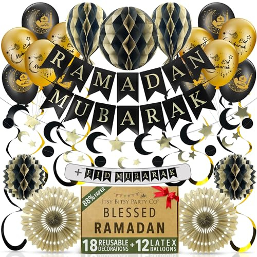 Premium Reusable Eid Decorations for Home - Ramadan Decorations with Balloons - 3-in-1 Banner spells Eid Mubarak, Ramadan Mubarak & Ramdan Kareem - Fast Assembly with Velcro (Black & Gold + Balloons)
