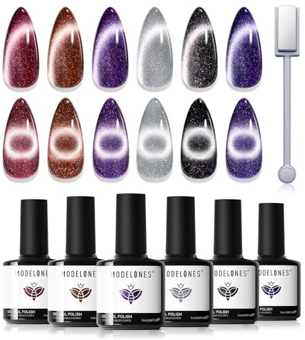 Modelones UV-nagellack, gelnagellack med UV, 6 cat eye-gelfärger med glitter, röd, brun, lila, svart, silver, nagellack för sommar, fransk manikyr, gör-det-själv hemma, presenter, 7 ml