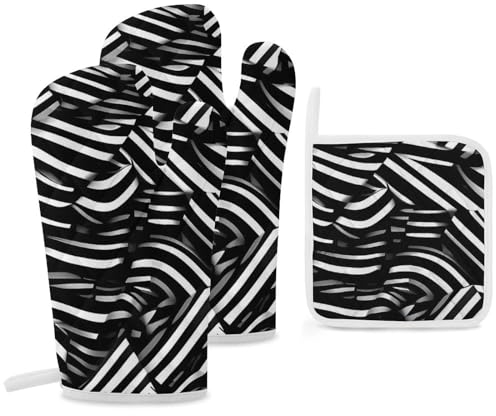 Ofenhandschuhe und Topflappen, 3-teiliges Set, hitzebeständige schwarze und weiße Linien, beständige Kochhandschuhe und heiße Pads, Backhandschuhe, Grillhandschuhe, rutschfeste Küchenhandschuhe