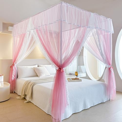 AIKASY Betthimmel-Vorhang mit 4 Ecken, doppelschichtig, gemütlich, Drapiernetz mit 4 Öffnungen, Elegantes Moskitonetz für Mädchen und Erwachsene, Schlafzimmer, Dekoration (Rosa, Einzelbett)