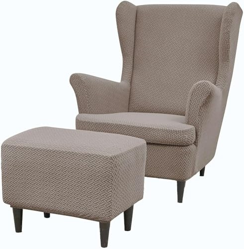 HACLEN Ohrensessel Bezug mit Ottoman Bezug, Jacquard Ohrensessel Schonbezug mit Kissenbezug dehnbarer waschbarer Ohrensessel-Bezug (Khaki,Einheitsgröße)