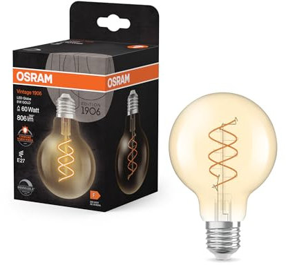 Osram Vintage 1906 Globe ist eine warmweiße, dimmbare LED-Lampe in Ballform mit spiralförmigem Filament. Sie bietet 8 W für 806 lm, E27 Fassung, goldfarbenes Glas, 80 mm Durchmesser, 2200 K, EEK F.