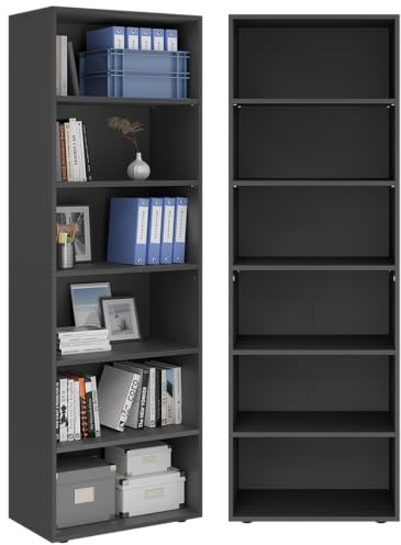 Bellamio Apol Bücherregal Schwarz, 6 Fächer, offenes Standregal, Holzregal | Stabiles Regal für Wohnzimmer, Büro & Arbeitszimmer, höhenverstellbares Aktenregal, 176x60x33 cm, Büroregal, Standregal