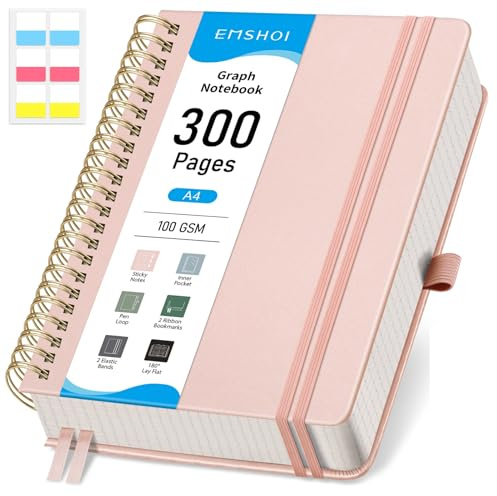 EMSHOI A4 Graph Notebook, Spiral Notepad, 300 Pages, Hardcover, Rose Gold